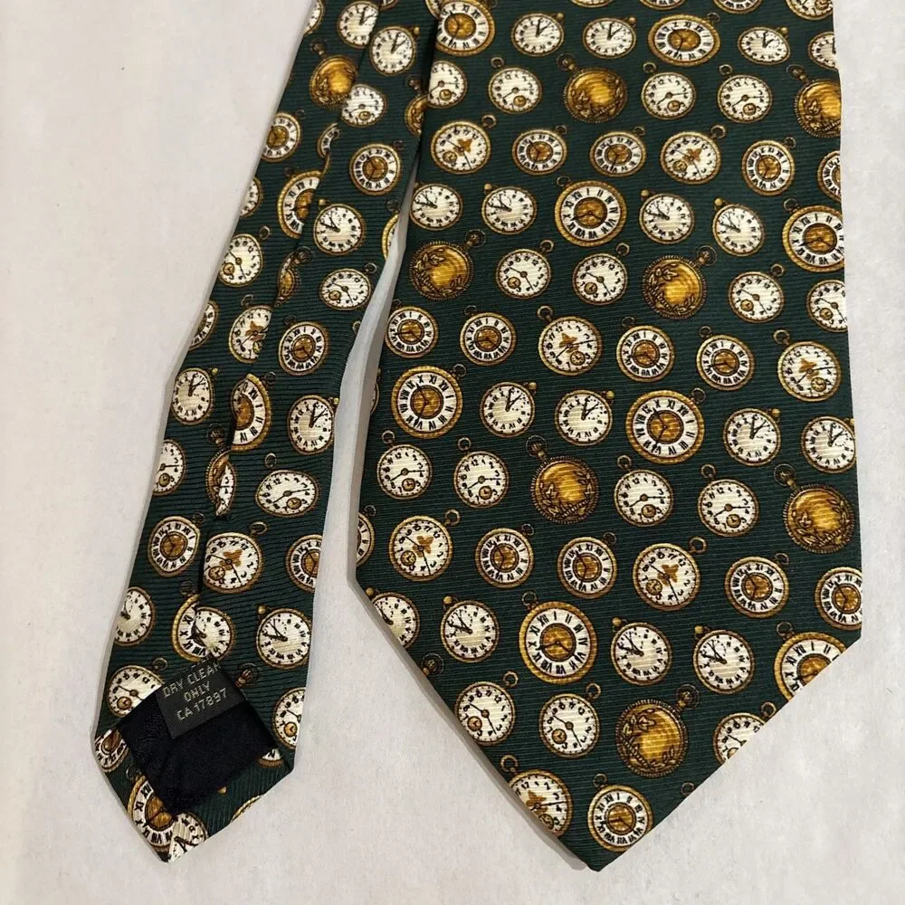 Banana Republic MEN'S TIE  Green With AOP Gold Pocket Watches, Silk, 4” X 58”